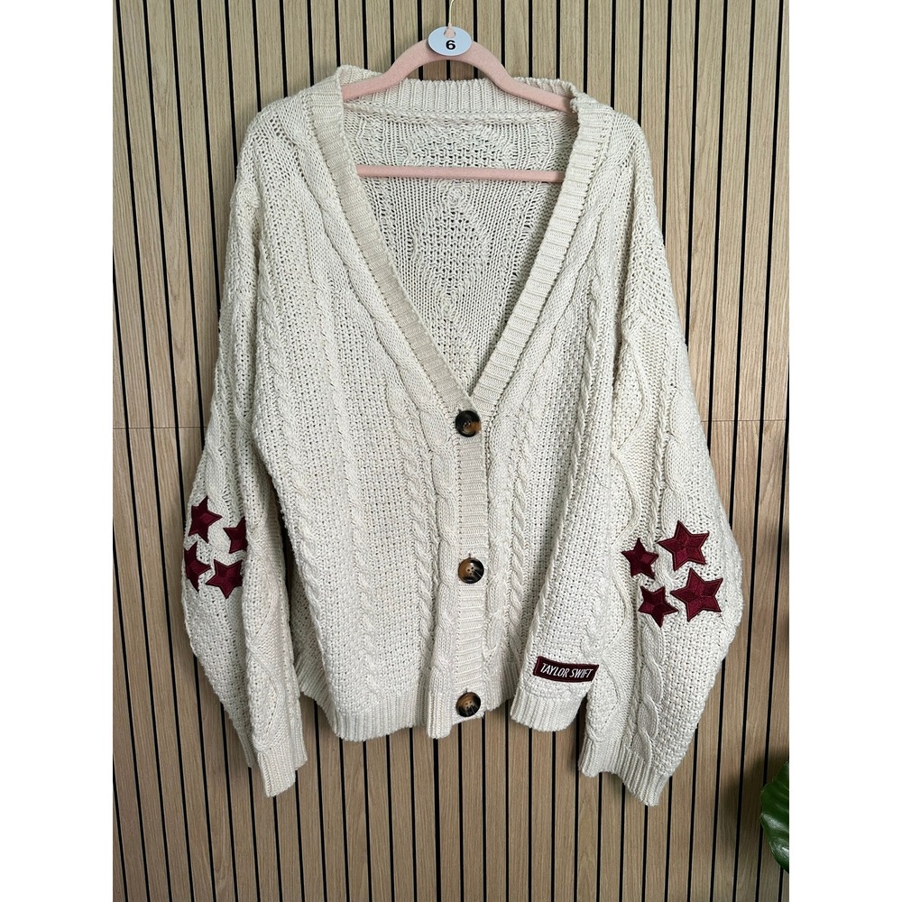 006 Taylor Swift Red TV Era Cardigan Ivory Cable Knit Star Patches (MD/LG, EUC)